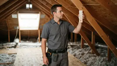 Electrician measures attic heat in Bellevue, WA to size an attic fan near soffit vents