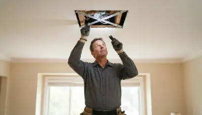 Bellevue, WA electrician inspects exposed ceiling box bracing with a flashlight for safe ceiling fan installation