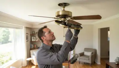 Bellevue, WA electrician tests a ceiling fan pull-chain switch with a multimeter during repair