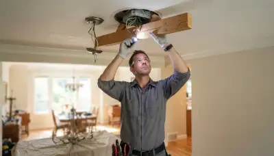 Bellevue, WA electrician inspects ceiling box and support brace for safe chandelier installation