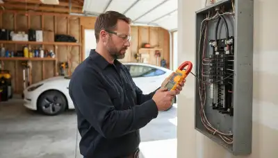 Electrician in Bellevue, WA uses a clamp meter for EV charger load calculation at a home's electrical panel