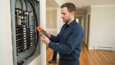 Electrician uses clamp meter for heater circuit load assessment at open panel in Bellevue, WA