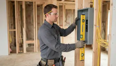 Electrician securing an electrical panel enclosure during rough-in installation in a Bellevue, WA home