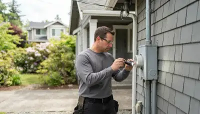 Electrician inspects a residential service entrance meter base and weatherhead in Bellevue, WA