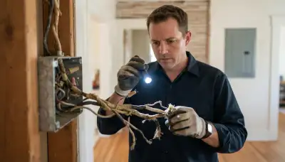 Bellevue, WA electrician inspecting aged wiring insulation with a flashlight during a wiring assessment