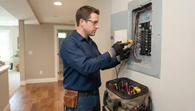 Electrician diagnoses an electrical panel with a voltage tester in a Bellevue, WA home