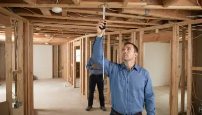 Electrician measures ceiling placement for fire alarm devices during a Bellevue, WA home installation