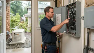 Electrician traces essential circuits at an open load center for generator sizing in Bellevue, WA