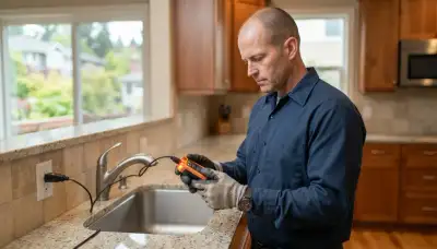 Electrician tests kitchen outlets near a sink for GFCI protection in Bellevue, WA