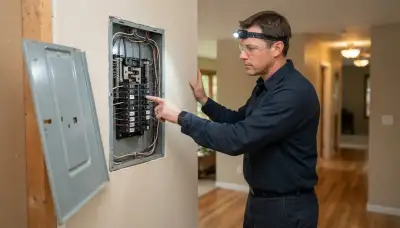 Electrician assessing GFCI circuits in an open electrical panel at a Bellevue, WA home