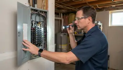Electrician inspecting an open electrical panel and breakers during a home electrical inspection in Bellevue, WA