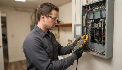Electrician in Bellevue, WA conducts a home energy audit at the electrical panel with a clamp meter