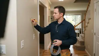Electrician marking intercom station locations for a Bellevue, WA home installation