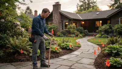 Technician marks low-voltage landscape lighting positions along a Bellevue, WA pathway and planting beds