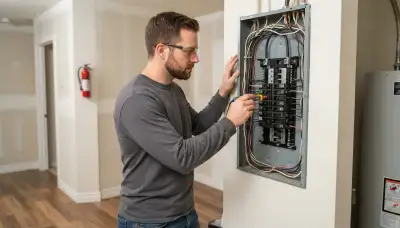 Licensed electrician tests breakers in an open electrical panel during a whole-home assessment in Bellevue, WA
