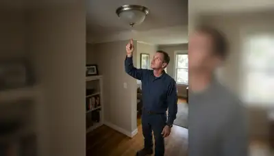 Electrician points to a ceiling fixture during a Bellevue, WA home lighting consultation