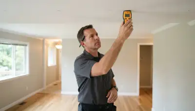 Electrician uses a stud finder to plan ceiling lighting fixture placement in Bellevue, WA