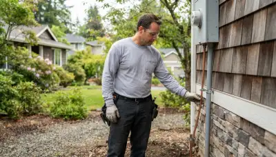 Bellevue, WA electrician traces grounding conductor from meter to ground rod for lightning surge protection