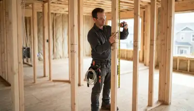 Electrician marking circuit runs and outlet heights during new construction rough-in wiring in Bellevue, WA