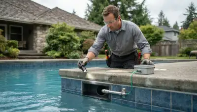 Bellevue, WA electrician inspects a pool light niche and bonding connection with a flashlight for safe installation