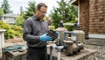 Electrician inspects a residential pool pump for wear at an equipment pad in Bellevue, WA