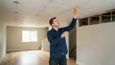 Bellevue, WA electrician uses a stud finder to mark ceiling joists for recessed lighting installation