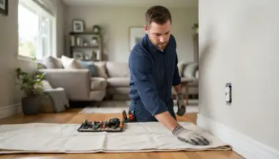 Residential electrician assessing home wiring with a protective drop cloth in Bellevue, WA