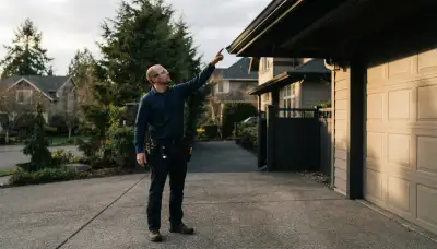 Electrician assessing security light coverage at a Bellevue, WA home's driveway and shadowed eaves