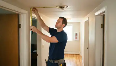 Electrician measuring smoke detector placement along a hallway ceiling in a Bellevue, WA home