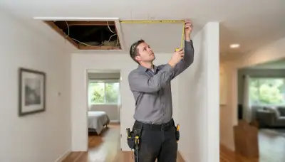 Electrician measures ceiling joist spacing for whole-house fan installation in Bellevue, WA