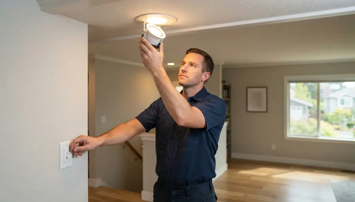 Electrician in Bellevue, WA aims a new light fixture and tests switch and dimmer operation