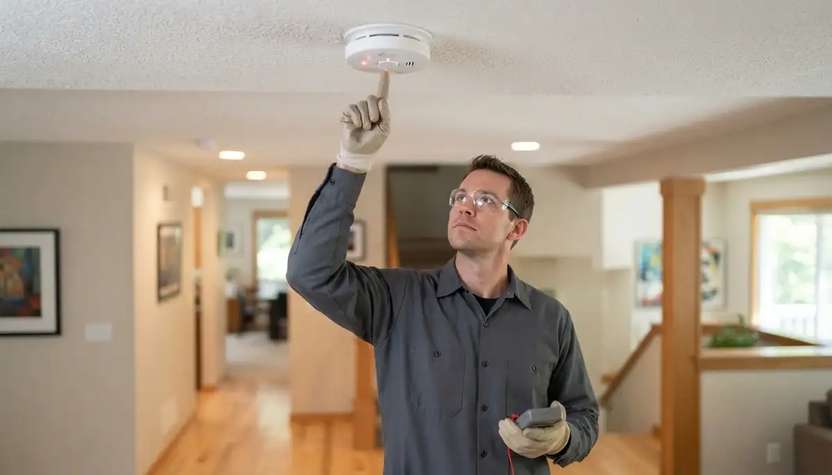 Electrician tests an interconnected ceiling smoke detector in a Bellevue, WA home.