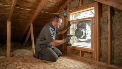Electrician mounting and wiring an attic fan in a Bellevue, WA gable wall opening