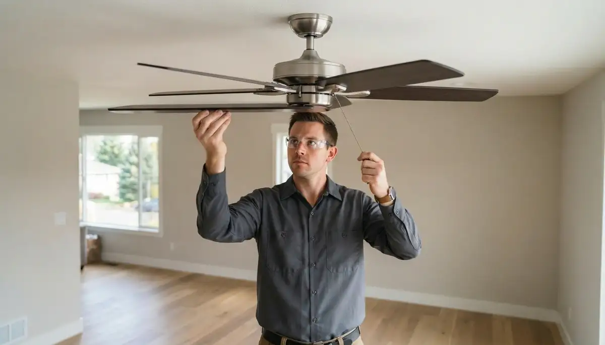Electrician verifies level blades and secure mounting during ceiling fan installation in Bellevue, WA