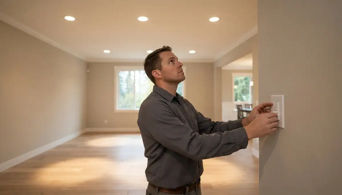 Electrician verifies recessed lighting beam coverage and dimmer performance in a Bellevue, WA home
