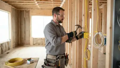 Electrician installing electrical boxes and protected cable runs for new construction in Bellevue, WA