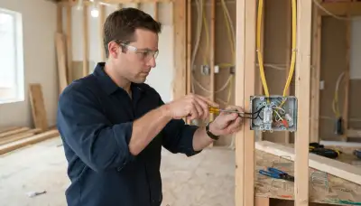 Bellevue, WA electrician routing cable and terminating wires at an electrical device box