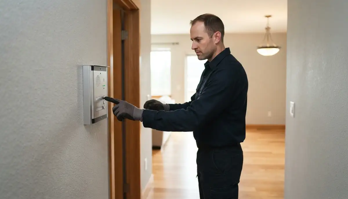 Electrician testing two-way intercom audio between stations in a Bellevue, WA home