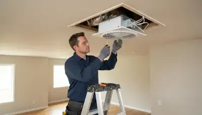Electrician installs a whole-house fan ceiling unit and insulated damper in a Bellevue, WA home.