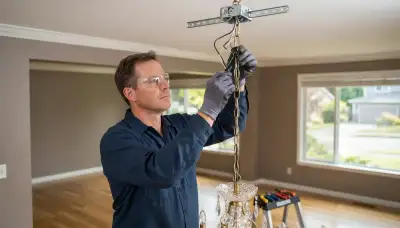 Electrician in Bellevue, WA secures and wires a chandelier to a fixture-rated brace