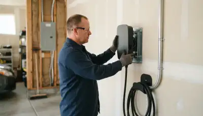 Electrician installing a wall-mounted EV charger and dedicated circuit in a Bellevue, WA garage