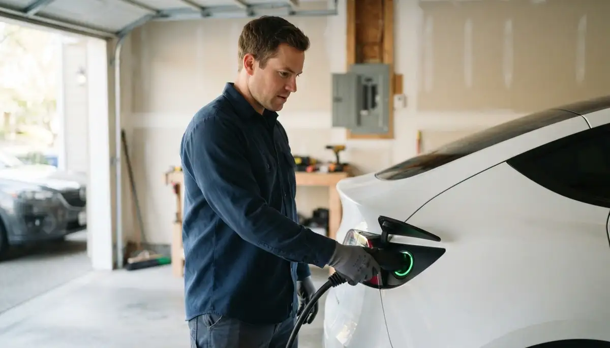 Electrician verifies EV charger operation as a vehicle charges in a Bellevue, WA garage