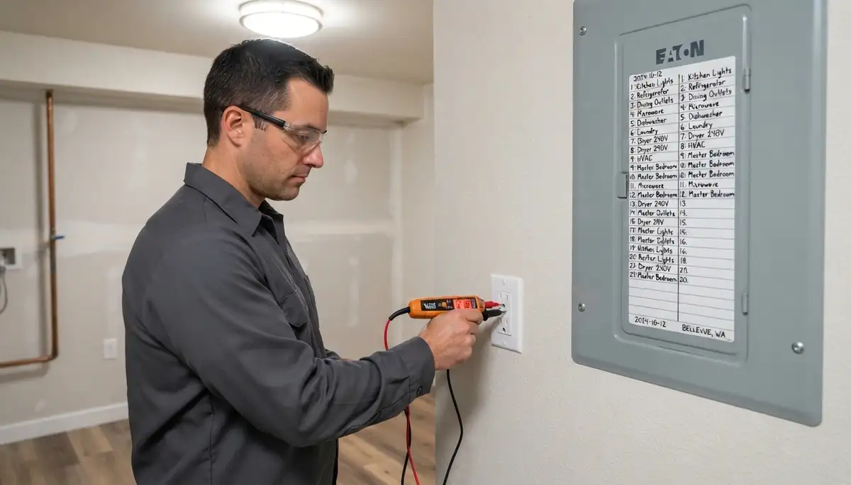 Electrician tests and labels circuits on an upgraded electrical panel in a Bellevue, WA home