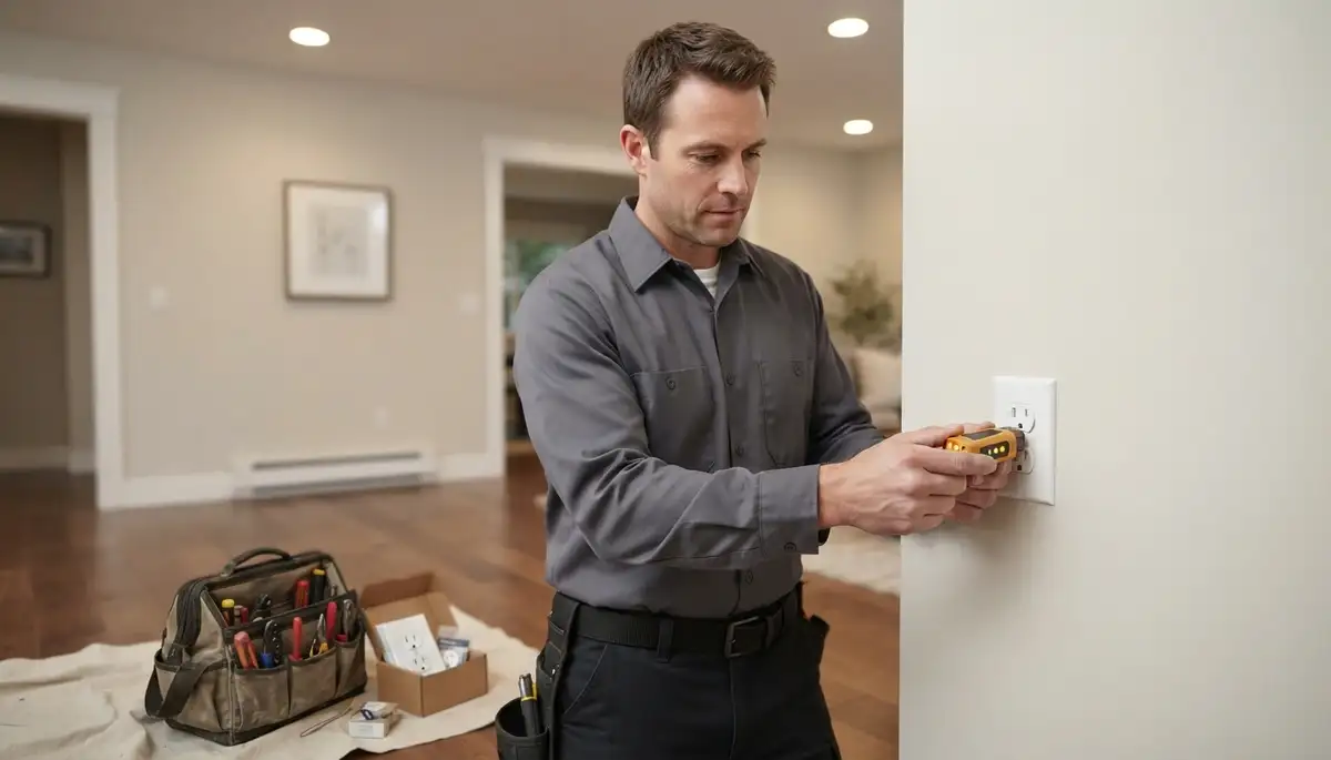 Bellevue, WA electrician tests a repaired electrical receptacle with a circuit tester to verify safe operation