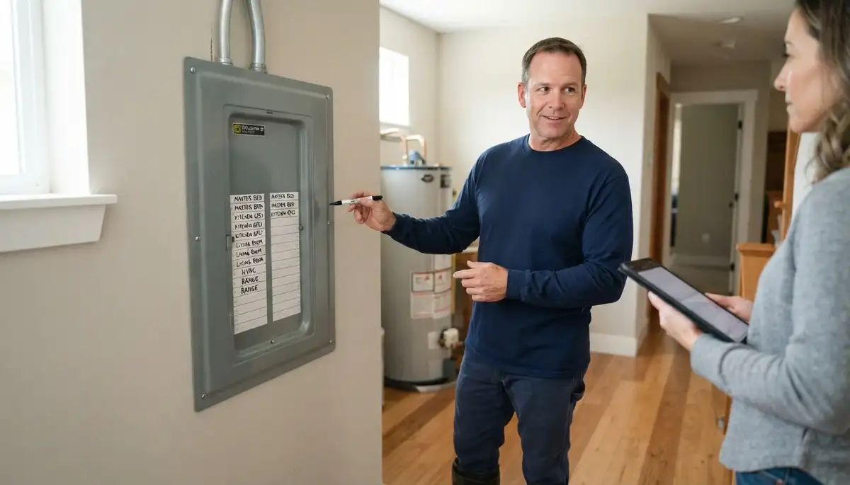 Licensed electrician reviews a labeled load center with a Bellevue, WA homeowner after completed electrical work