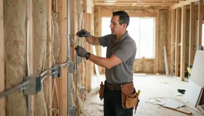 Electricians secure conduit and align device boxes on wall studs in a Bellevue, WA home