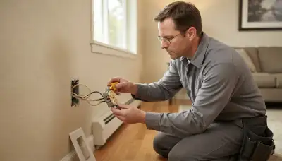 Electrician testing wall receptacle connections during a home electrical inspection in Bellevue, WA