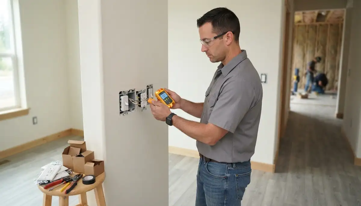 Electrician installs receptacles and switches while testing circuits in Bellevue, WA new construction wiring
