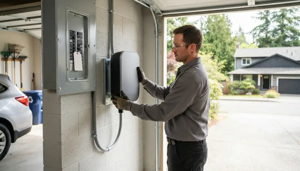 Electrician installing a Level 2 EV charger with a dedicated circuit in Bellevue, WA