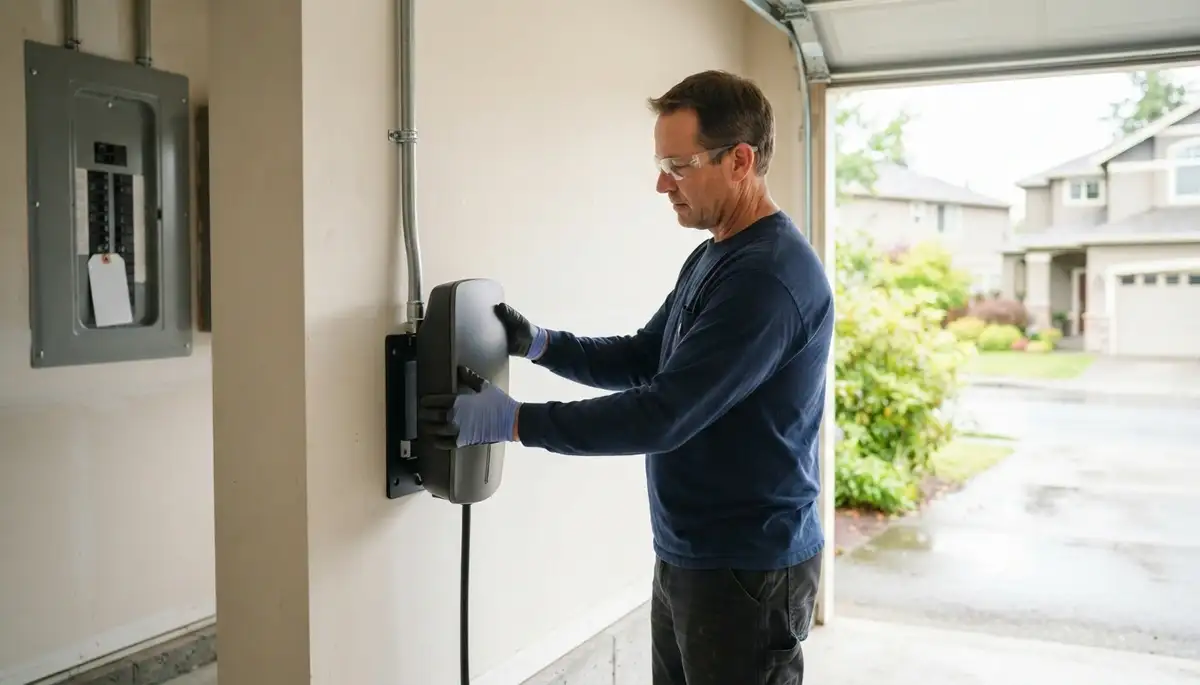 Electrician installing a home EV charger with a dedicated circuit in Bellevue, WA
